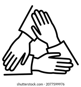 Teamwork, cooperation with colleagues and like-minded people, unity, strong friendship. Three hands together. Vector icon, outline, isolated. Editable stroke.