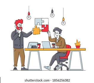 Teamwork Cooperation, Collective Work, Partnership Concept. Office Characters Work Together Set Up Colored Separated Puzzle Pieces. Businesspeople in Coworking Place. Linear People Vector Illustration
