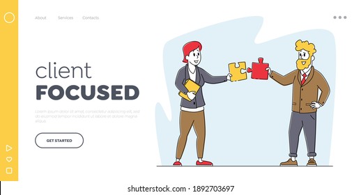 Teamwork Cooperation, Collective Work, Partnership Landing Page Template. Office Characters Setting Up Separated Puzzle Pieces. Businesspeople in Coworking Place. Linear People Vector Illustration