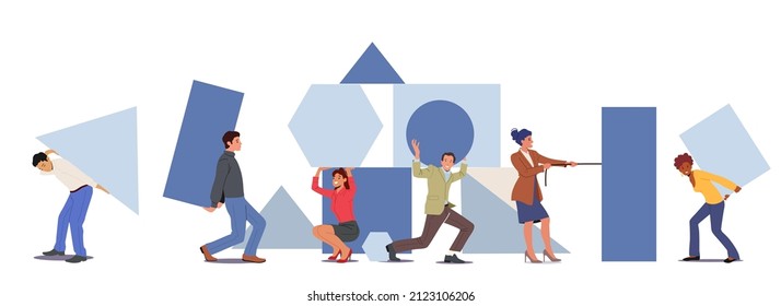 Teamwork Cooperation, Collective Work, Partnership Concept. Diverse Businesspeople, Office Employees Group Set Up Huge Separated Abstract Puzzle Pieces Together. People Cartoon Vector Illustration