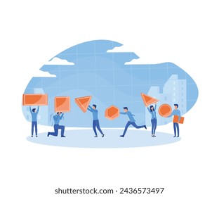 Teamwork Cooperation, Collective Work, Partnership Concept. Diverse Businesspeople, Office Employees Group Set Up Huge Separated Abstract Puzzle Pieces Together. flat vector modern illustration