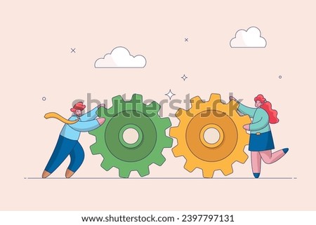 Teamwork and cooperation concept. Business setting, idea that working together can lead to success, collaboration or synergy, businessman push gear cogwheels together leading to success.