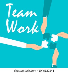 Teamwork and cooperation concept. Hands holding and putting puzzle pieces together. Vector illustration in flat style