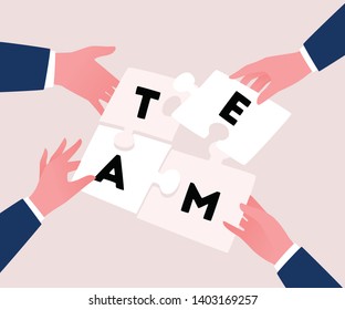 Teamwork and cooperation concept. Hands holding and putting puzzle pieces together. Vector illustration in flat style