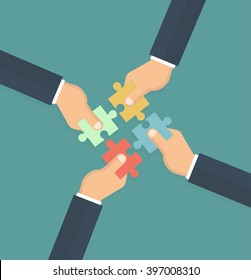 Teamwork and cooperation concept. Hands holding and putting puzzle pieces together. Vector illustration in flat style 