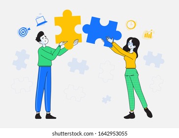 Teamwork and cooperation concept. Happy teammates or business people, young man and woman assembling puzzle pieces together, business icons on background, vector illustration