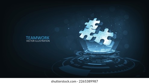 Concepto de trabajo en equipo y cooperación. Estrategia para el éxito. tecnología digital de jigsaw azul sobre fondo azul oscuro. logro de conexión de rompecabezas con un alambre de polos bajo. 