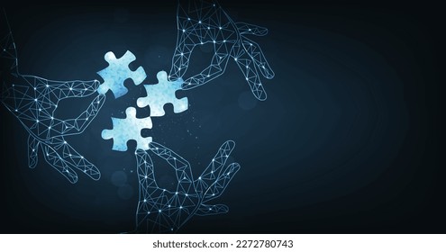 Teamwork and cooperation concept. Strategy for success. jigsaw digital technology blue on dark blue background. puzzle connect achievement low poly wireframe.	