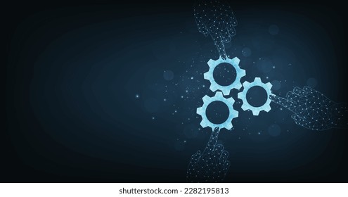 Teamwork and cooperation concept. Strategy for success. Gear digital technology in hand on dark blue background. puzzle connect achievement low poly wireframe.