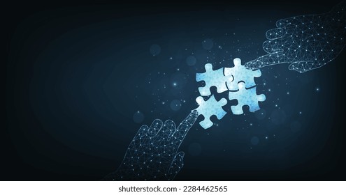 Teamwork and cooperation concept. Strategy for success. jigsaw digital technology blue on dark blue background. puzzle connect achievement low poly wireframe.	