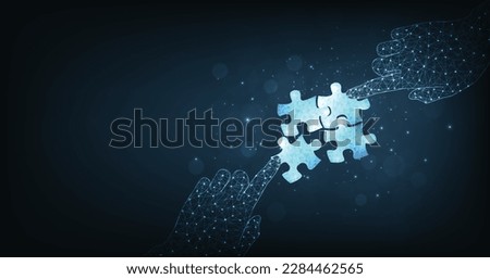 Teamwork and cooperation concept. Strategy for success. jigsaw digital technology blue on dark blue background. puzzle connect achievement low poly wireframe.	