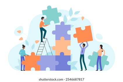 Teamwork cooperation to connect puzzle solution, success unity of corporate employees. Tiny people holding jigsaw piece to fit and match in tower creative project together cartoon vector illustration