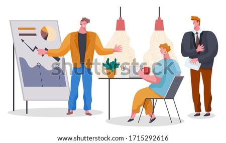 Teamwork cooperation for discussing diagram report. Man and woman workers on workplace researching growth plan and statistics in office. Professional characters accounting graph together vector