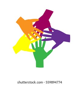 Teamwork, cooperation, diversity concept. Vector multicolor hands, arms isolated on white