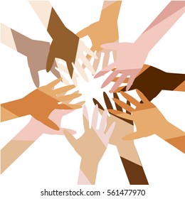 Teamwork, cooperation, diversity concept. Vector multicolor hands, arms isolated on white, joining, togetherness