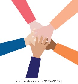 Teamwork, cooperation, friendship, unity, world peace, reconciliation, partnership, collaboration, diversity concept. Vector illustration hands of people of different races (tolerance) for business