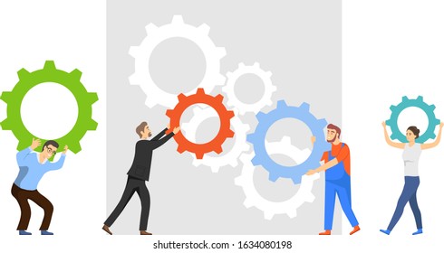 Teamwork, cooperation. Group of mini people characters stack gears. Put the gears together. Vector illustration. Vector.