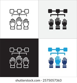 Teamwork cooperation icon set. Icons that have meaning of job done, relation, community, management, partner, social, interaction, communication. Vector icon design in thin line and flat design.