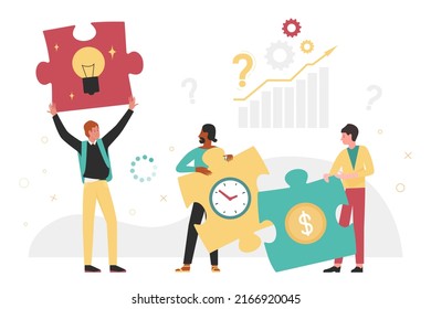 Teamwork and cooperation of initiative group connecting puzzle solutions. Cartoon man holding jigsaw piece with light bulb inside, employee with creative idea flat vector illustration. Project concept