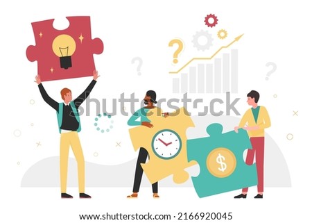 Teamwork and cooperation of initiative group connecting puzzle solutions. Cartoon man holding jigsaw piece with light bulb inside, employee with creative idea flat vector illustration. Project concept