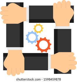 Teamwork, cooperation, interaction. People hold each other's hands. People support each other. Vector illustration. 
