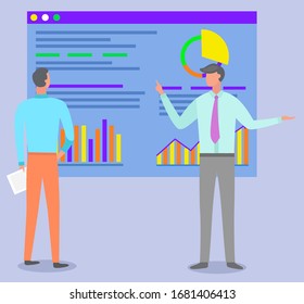 Teamwork cooperation and learning online with webpage graph report. Professional worker man discussing and brainstorming infochart. People educating or studying diagram presentation icon vector