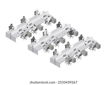 Teamwork, cooperation. Office people Silhouette. Isometric people vector set. Isometric office workspace with people working together. Coworking. Flat vector illustration.