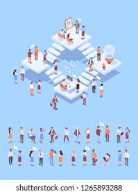 Teamwork, cooperation. Office people.Isometric people vector set.  Isometric office workspace with people working together. Coworking. Flat vector illustration.	