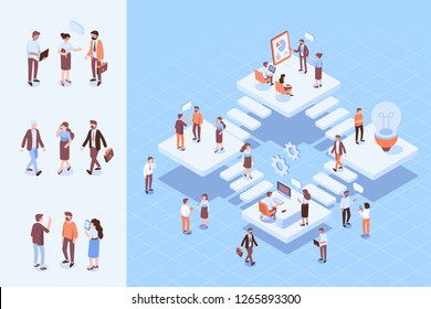 Teamwork, cooperation. Office people.Isometric people vector set.  Isometric office workspace with people working together. Coworking. Flat vector illustration.	