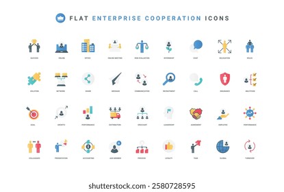 Teamwork and cooperation organization in corporate company, enterprise color icon set. Organizational structure and hierarchy, relationship of department, multichannel flat element vector illustration