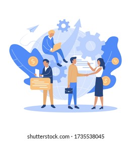 Teamwork, cooperation, partnership. Agreement of parties, hand shake, signing documents. Vector illustration flat design style.