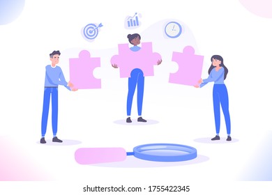 Teamwork, cooperation and partnership concept. Business people connecting puzzle pieces together, vector illustration