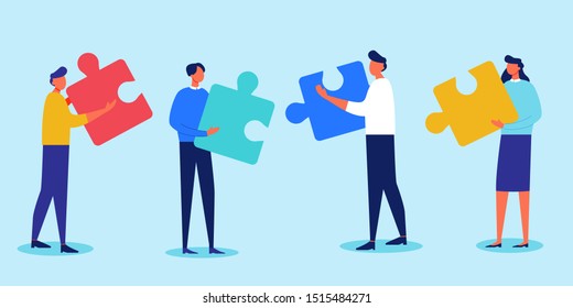 teamwork, cooperation, partnership concept. People connecting puzzle elements. Office workers talking about data. Vector illustration of communication of people in search of solutions to problem