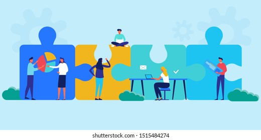 teamwork, cooperation, partnership concept. People connecting puzzle elements. Office workers talking about data. Vector illustration of communication of people in search of solutions to problem