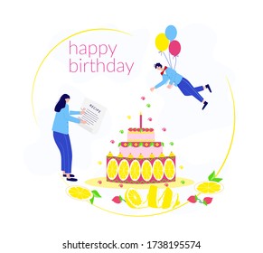 Teamwork, cooperation, partnership concept. Waiters, group colleagues wear uniform, working process. Birthday cake. Fun, trendy cartoon serving person. Flat vector illustration, isolated objects.