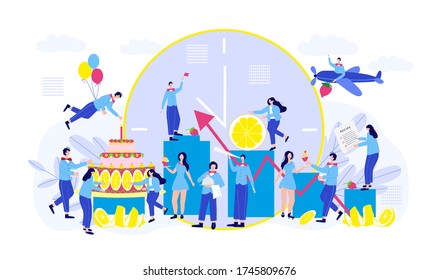 Trabajo en equipo, cooperación, concepto de asociación. Guireros, compañeros de grupo, proceso de trabajo. Concepto de negocio. Metáfora del equipo. Caricatura divertida y de moda al servicio de una persona. Ilustración vectorial plana, objetos aislados