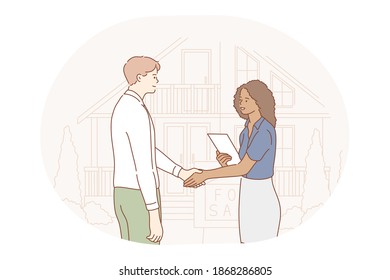 Teamwork, cooperation, partnership concept. Young business people office workers partners cartoon characters standing and shaking hands after successful negotiations in office illustration 