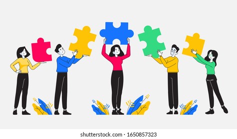 Teamwork, cooperation and partnership. Group of young and stylish people holding colored puzzle pieces on their hand. Business team and diversity concept. Vector illustration