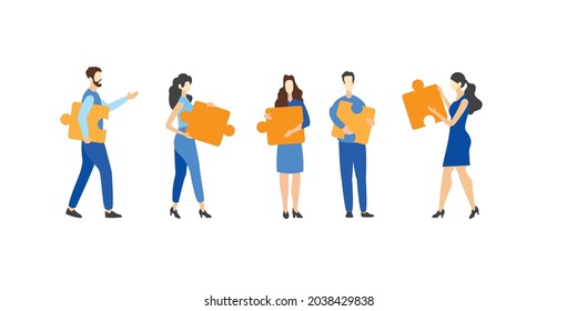 Teamwork, cooperation and partnership. Group of young and stylish people holding yellow puzzle pieces on their hand. Business team and diversity concept. Vector illustration