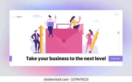Teamwork Cooperation, Partnership and Office Work Website Landing Page. Businesspeople Working around of Huge Briefcase with Laptop, Pencil and Arrow Web Page Banner. Cartoon Flat Vector Illustration