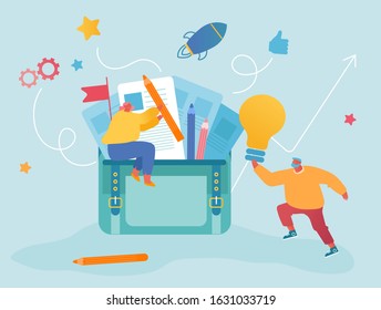 Cooperación en el trabajo en equipo, asociación y concepto de trabajo en la oficina Empresarios ponen lápices y lámparas en una gran maleta con documentos, ?v Escritura, Desarrollo de proyectos de emprendimiento Ilustración Vector plano