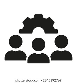 Teamwork and Cooperation Silhouette Icon. Project Management Glyph Pictogram. Employee Team with Gear Solid Sign. Group Of People with Cog Wheel, Workforce Symbol. Isolated Vector Illustration