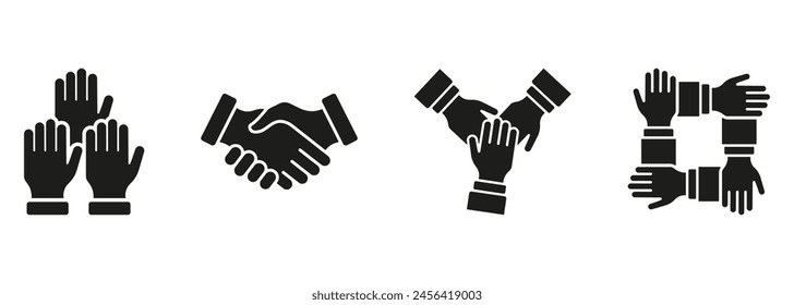 Conjunto de iconos de silueta de trabajo en equipo y cooperación. Colección de símbolos de Business Alliance. Pictograma de glifo de manos humanas juntas. Asociación, signo de reunión de socios. Ilustración vectorial aislada.