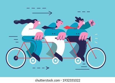 Trabajo en equipo, cooperación, éxito en el concepto de negocio. Grupo de jóvenes socios de negocios en bicicleta tándem alcanzando objetivos juntos ilustración vectorial 