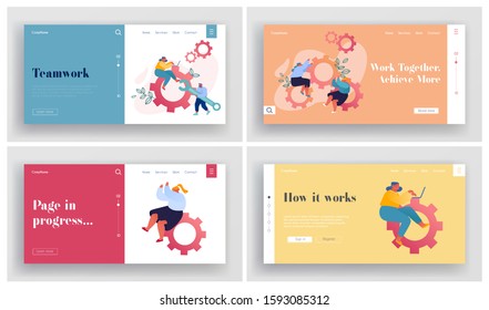 Teamwork Cooperation, Support Website Landing Page Set. Businesspeople Spinning Cogwheel Gears. Man Technician Support Hold Wrench Business Development Web Page Banner Cartoon Flat Vector Illustration