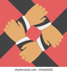 Teamwork, cooperation vector illustration in flat style. Four Businessman hands hold each other. Achieving results joint efforts. Team Work, cooperation or business concept. EPS 10.