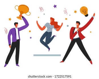 Teamwork cooperation and workers business success. Smiling man character holding cup award, jumping group. Happy people employees with confetti, star and lightbulb symbol isolated on white vector