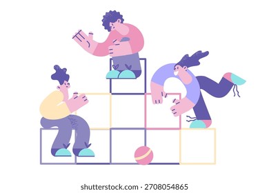 Trabajo en equipo, cooperación y concepto de trabajo en equipo. Grupo de jóvenes colegas de negocios personajes de dibujos animados sentados en la estructura comunicándose agitando las manos juntas Ilustración vectorial