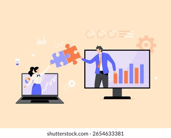 Teamwork or cooperation in working together for success