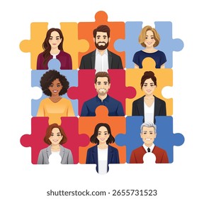 Teamwork und Corporate Diversity Konzept. Verschiedene Geschäftsleute platziert in quadratischen Puzzle-Raster. Isolierte Vektorgrafik.